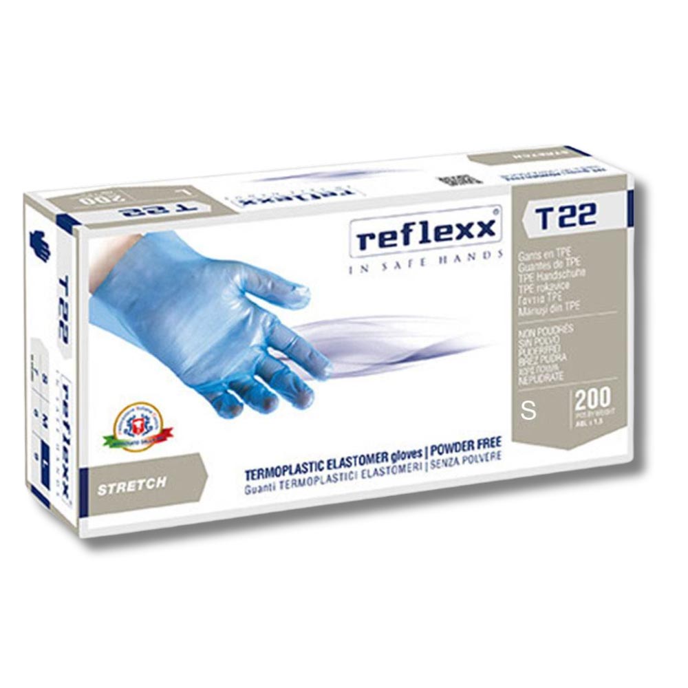 Guanti TPE blu senza polvere idonei per alimenti | Tg. S | 200 pz | Reflexx |